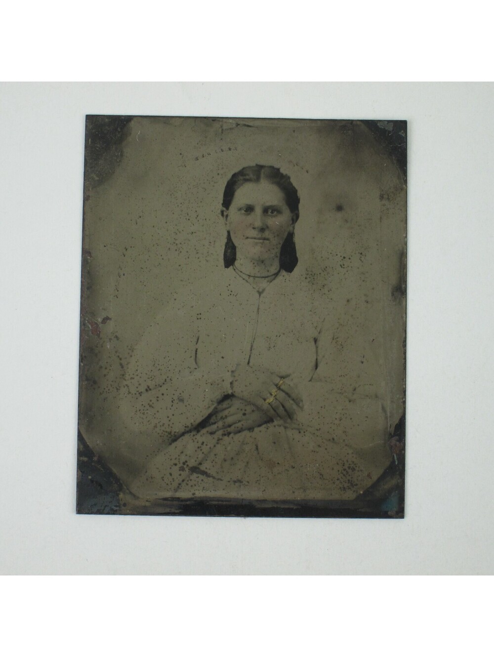 Tintype Photo Young Lady Woman Tinted Color Cheeks Jewelry Rings Antique 1860s